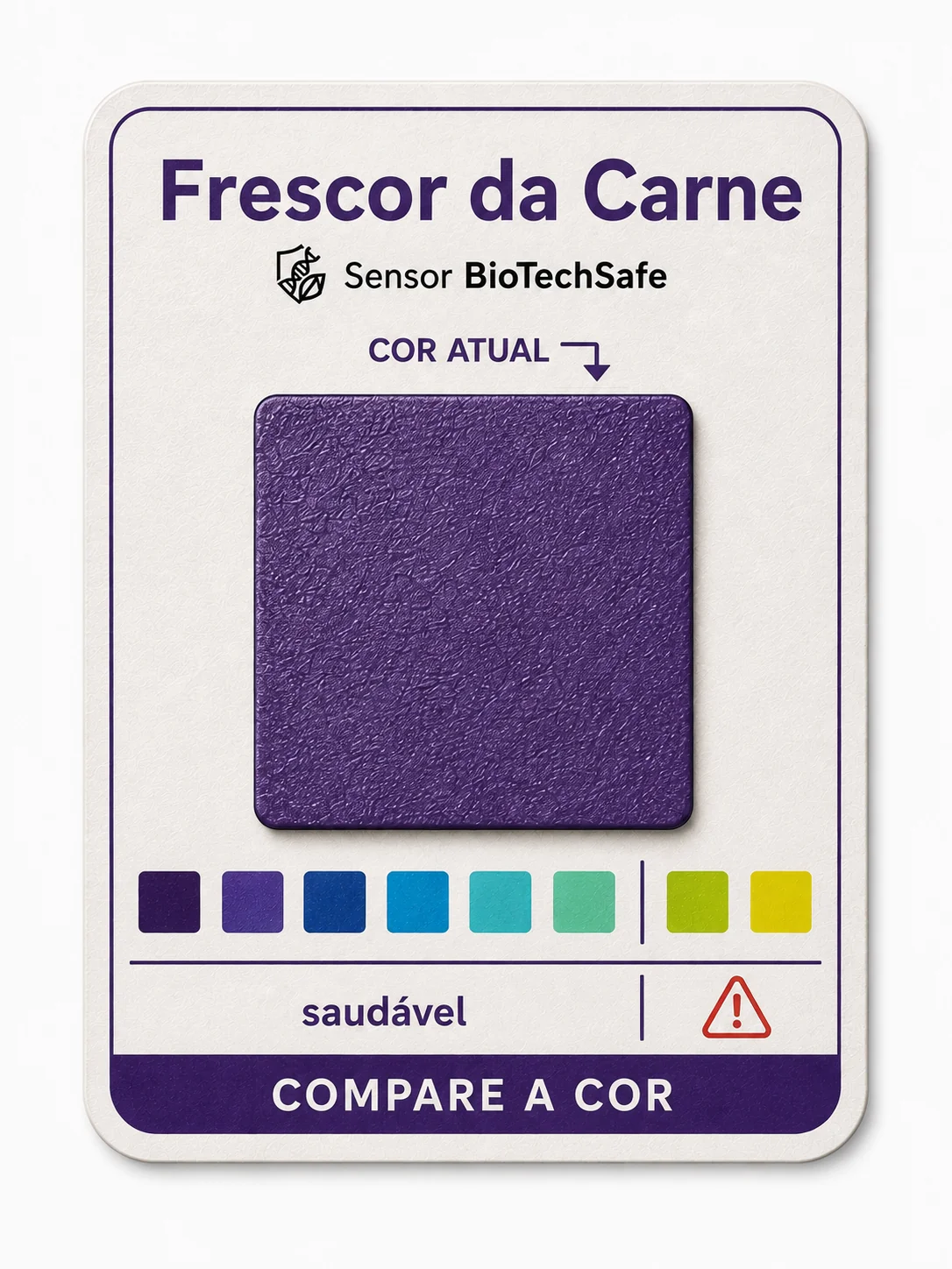 Cartela do sensor BioTechSafe mostrando a cor roxa atual, indicando carne fresca