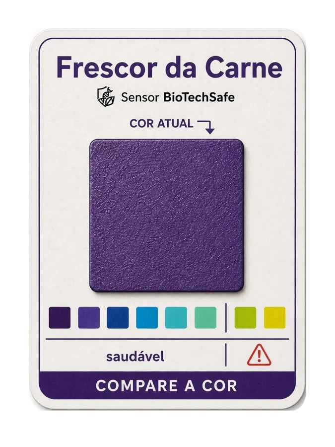 Cartão do sensor BioTechSafe com escala visual de frescor da carne