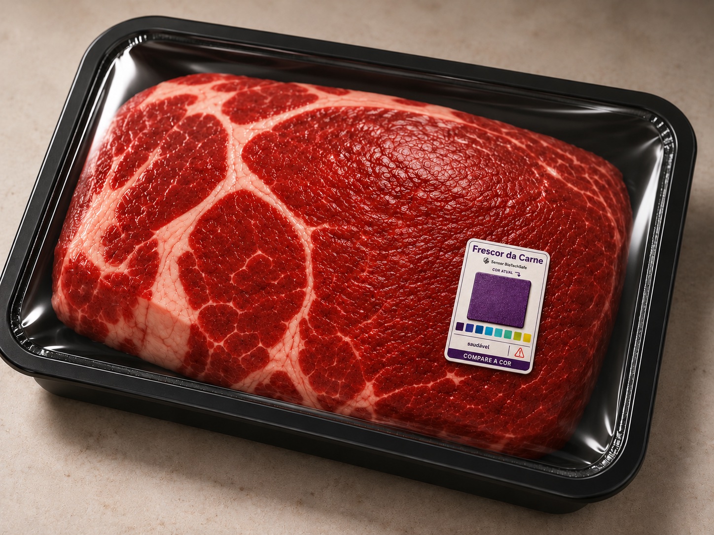 Simulação de carne premium em embalagem preta selada, com uma pequena etiqueta BioTechSafe de cor roxa indicando frescor