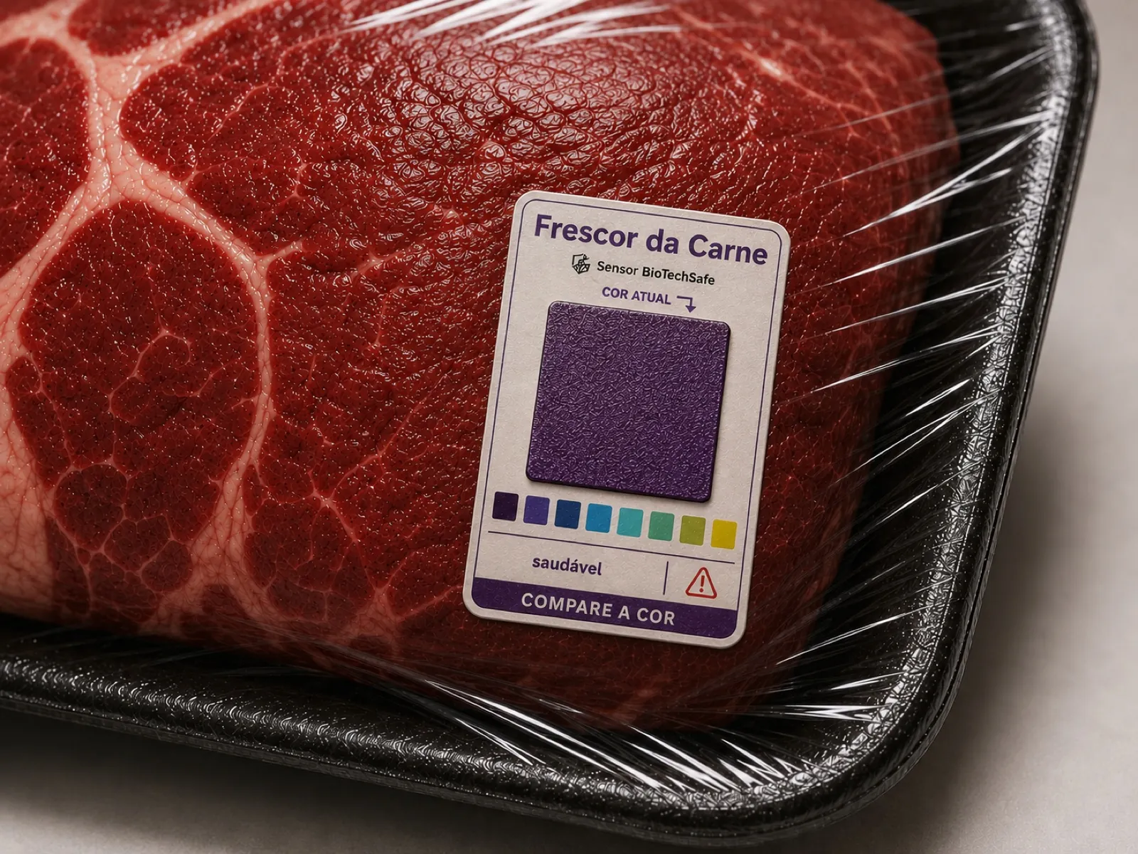 Simulação do sensor BioTechSafe na embalagem de uma peça de carne, com a cor roxa indicando frescor