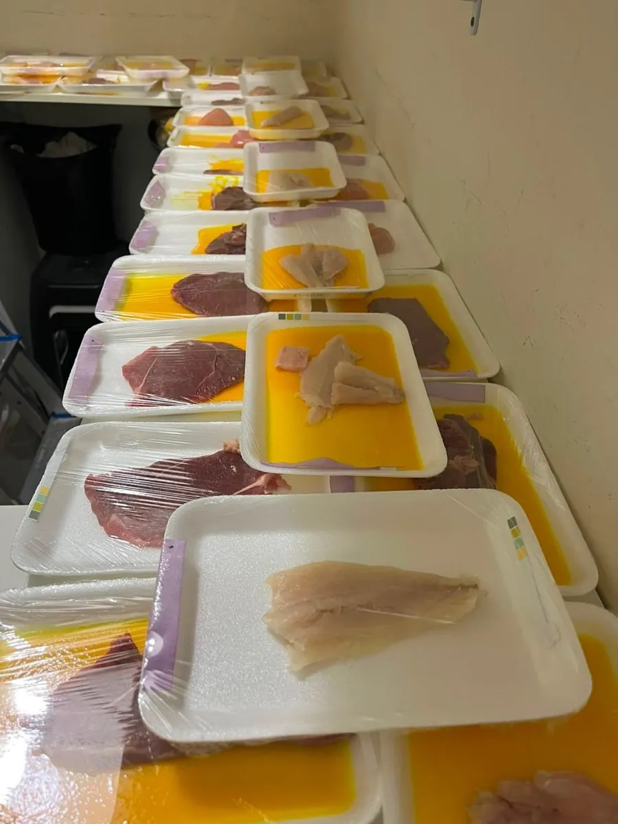 Bandejas de isopor com carnes embaladas em filme plástico e o sensor colado, alinhadas durante os testes feitos em casa